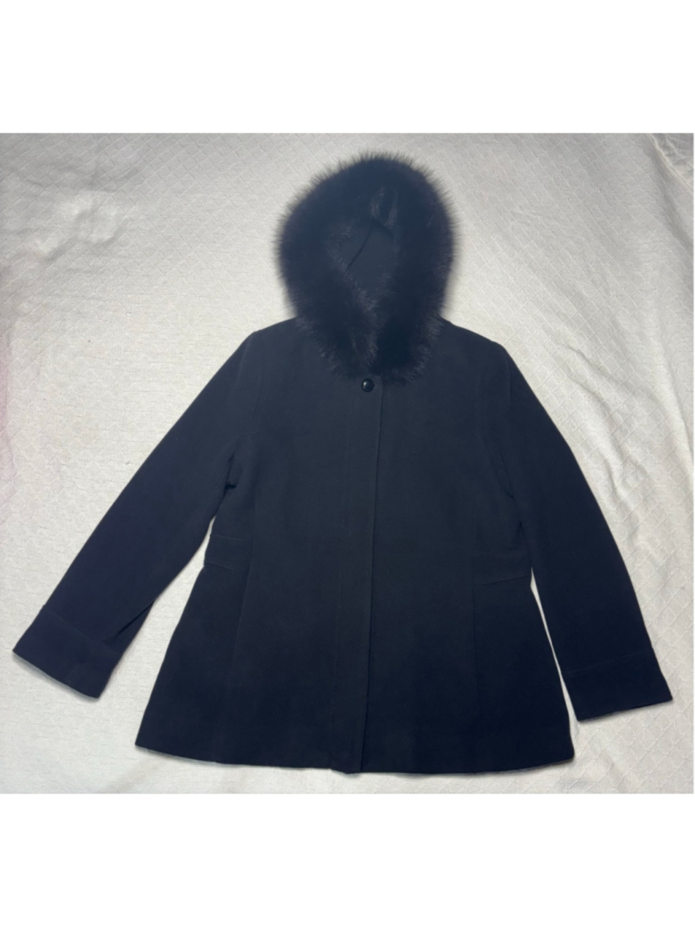 Forecaster Platinum Black Wool Cashmere Coat Mid-Length Real Fox Fur Hood 16 EUC